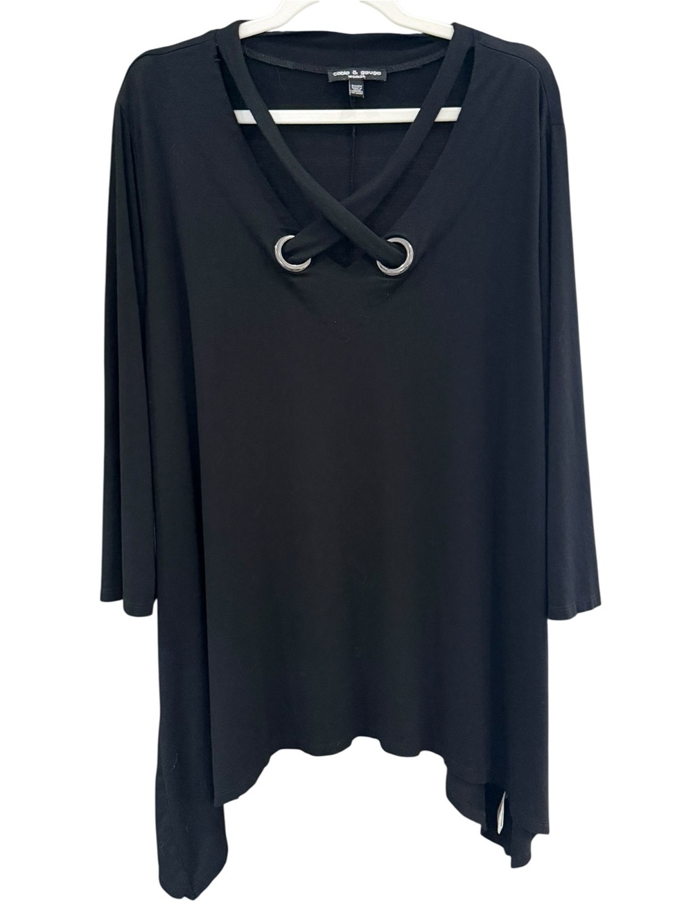 Cable & Gauge Black Grommet Crisscross V-Neck Handkerchief Tunic Top 2X